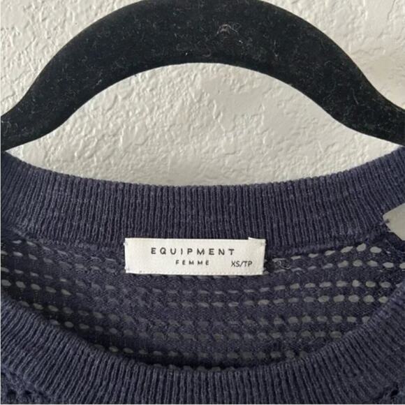 Equipment Navy Blue Cotton Linen Open Knit Crewneck Sweater - Picture 3 of 4